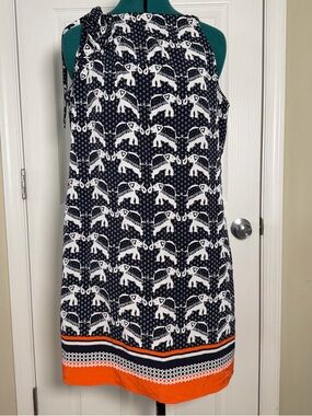 Navy & White Elephant Print Shift Halter Tie Dress with Orange Hem Summer Spring